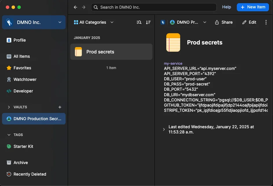 the 1Password desktop app Secure Note with the .env contents